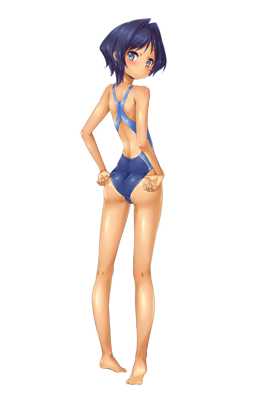 1girl absurdres adjusting_clothes adjusting_swimsuit ass back blue_eyes blush competition_school_swimsuit competition_swimsuit esoragoto from_behind full_body highres looking_at_viewer one-piece_swimsuit short_hair simple_background solo swimsuit tan white_background
