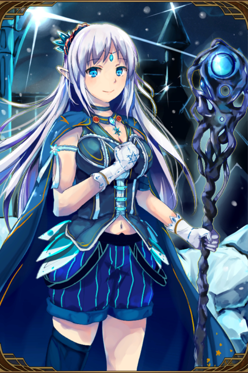 1girl armband artist_request blue_eyes breasts cape castle choker cleavage eyebrows eyebrows_visible_through_hair gem gloves grand_sphere hairband highres jewelry long_hair mismatched_legwear navel necklace pointy_ears shorts silver_hair sleeveless snow staff
