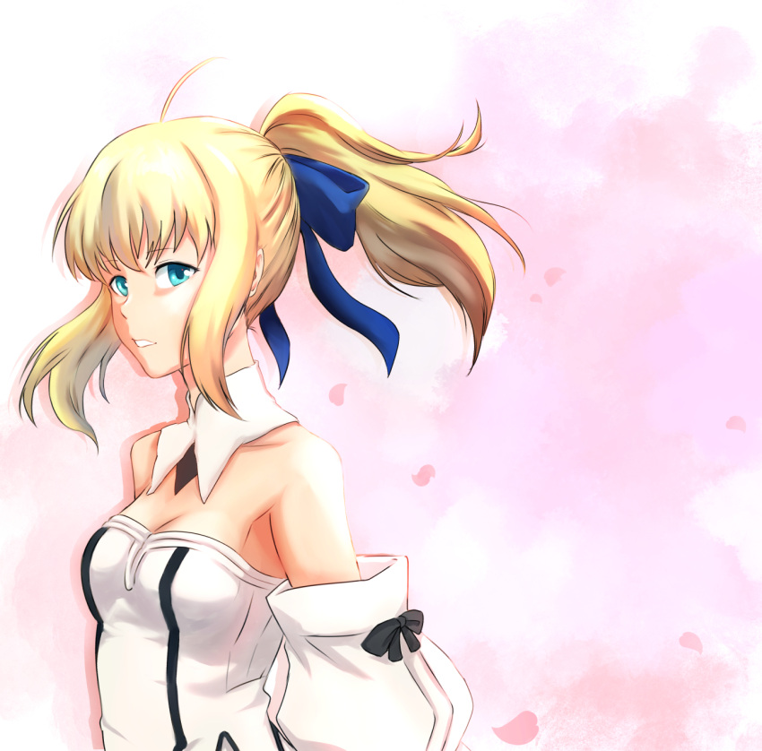 1girl ahoge armpit_peek artist_request bare_shoulders blonde_hair breasts cleavage detached_collar detached_sleeves fate/unlimited_codes fate_(series) green_eyes highres looking_at_viewer parted_lips petals pink_background ponytail saber saber_lily sideboob solo
