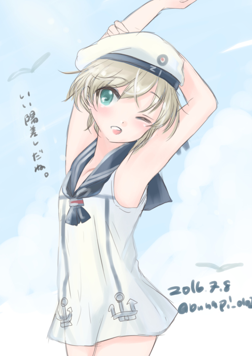 &gt;_o 1girl ;d aqua_eyes armpits arms_behind_head arms_up bunapi_(bunapii) commentary_request dated dress eyebrows eyebrows_visible_through_hair hat highres kantai_collection one_eye_closed open_mouth sailor_dress sailor_hat short_hair silver_hair smile solo twitter_username white_hat z1_leberecht_maass_(kantai_collection)