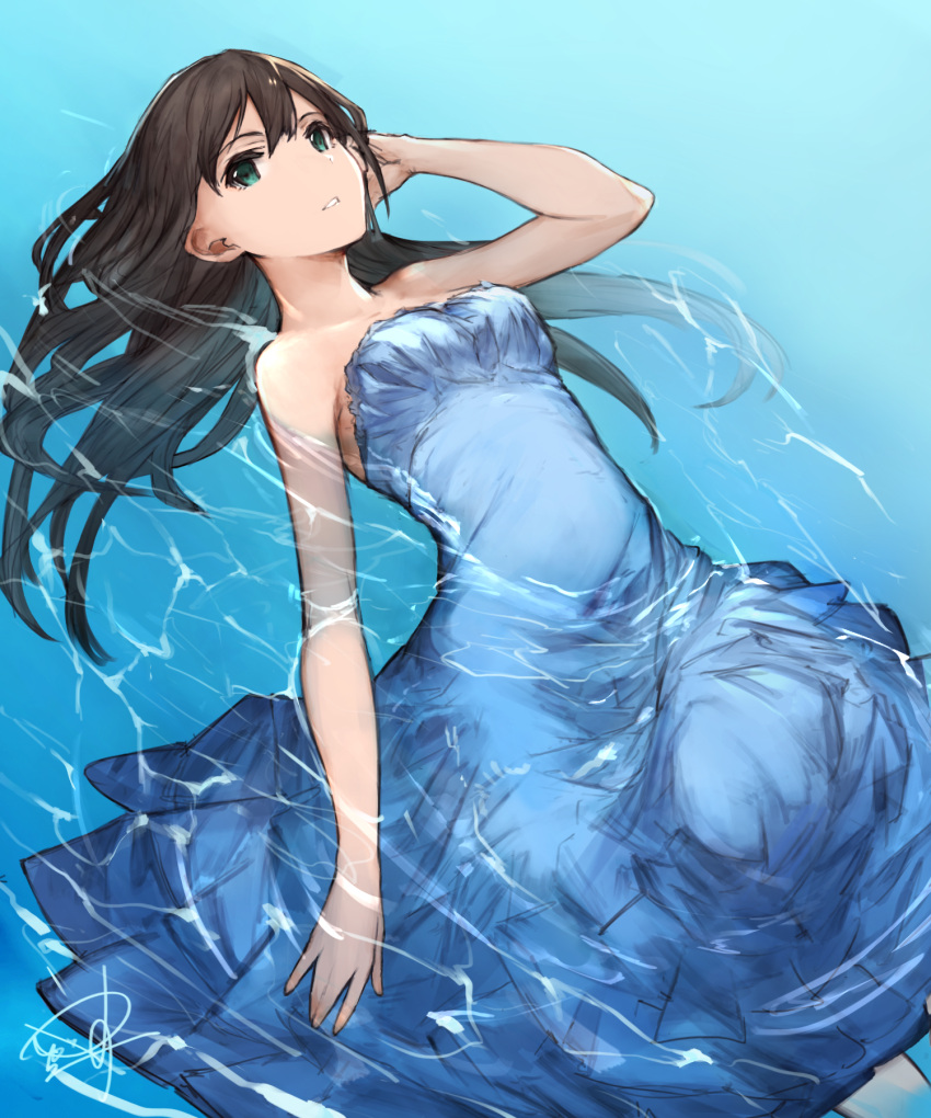 1girl arm_up bangs bare_arms bare_shoulders black_hair blue_dress blue_eyes breasts collarbone dress eyebrows highres idolmaster idolmaster_cinderella_girls long_hair looking_at_viewer lying medium_breasts on_back partially_submerged shibuya_rin signature solo strapless water yashigaras