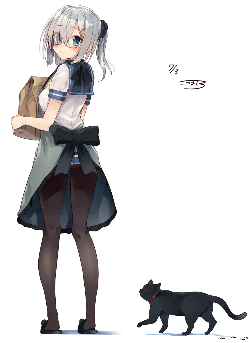 1girl alternate_hairstyle animal apron bag bespectacled black_cat black_legwear blue_eyes blush bow breasts cat collar dated eyebrows eyebrows_visible_through_hair from_behind full_body glasses hair_between_eyes hair_ornament hair_over_one_eye hairclip hamakaze_(kantai_collection) highres holding kantai_collection kneepits kou_mashiro looking_at_viewer looking_back medium_breasts package panties panties_under_pantyhose pantyhose paper_bag ponytail school_uniform scrunchie serafuku simple_background skirt slippers smile underwear walking white_background