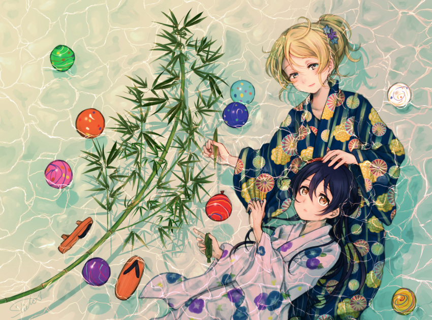 2girls afloat alternate_hairstyle ayase_eli bamboo bangs blonde_hair blue_eyes blue_hair commentary_request floral_print geta hair_bun hair_ornament hair_up half-closed_eyes half_updo hand_on_another's_head in_water japanese_clothes kimono lilylion26 looking_at_viewer love_live! love_live!_school_idol_project multiple_girls smile sonoda_umi star star_hair_ornament tanabata tupet water_yoyo wide_sleeves yellow_eyes yukata