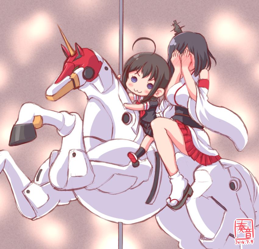 2girls :3 black_hair black_serafuku black_skirt blush breasts carousel commentary_request covering_face detached_sleeves embarrassed fuunsaiki g_gundam gundam hair_ornament headgear highres horse japanese_clothes kanon_(kurogane_knights) kantai_collection large_breasts multiple_girls nontraditional_miko pleated_skirt riding school_uniform serafuku shigure_(kantai_collection) short_sleeves skirt translation_request wide_sleeves yamashiro_(kantai_collection)