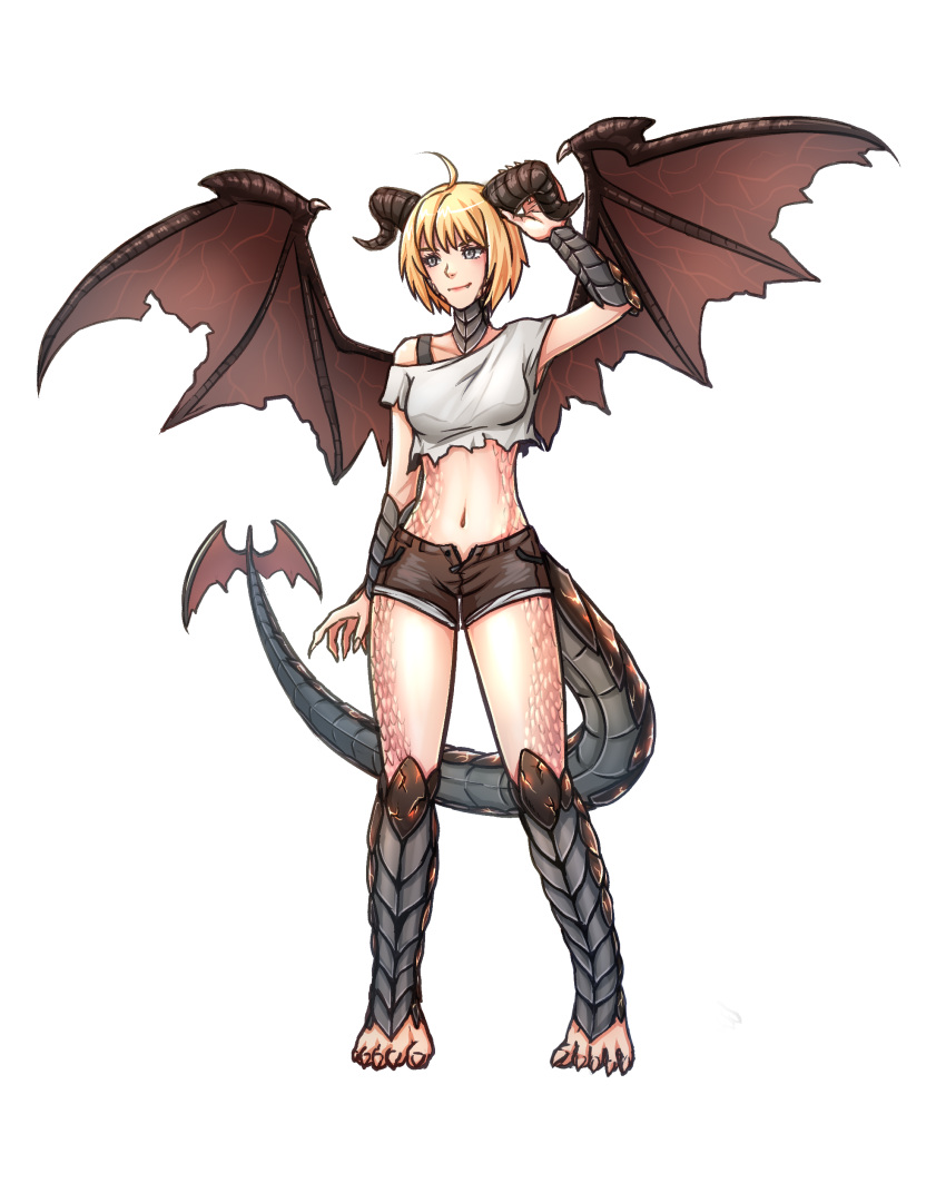 1girl dragon_date dragon_girl grey_eyes horns ketla monster_girl navel scales short_hair solo tail wings