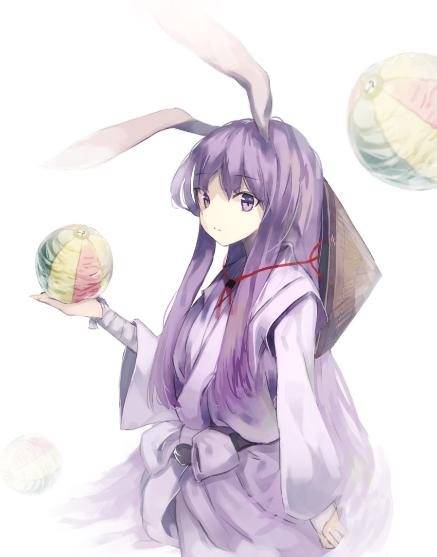 1girl ajirogasa alternate_costume animal_ears arm_at_side bandaged_arm bangs bei_mochi chin_strap cowboy_shot expressionless from_side hat hat_removed headwear_removed highres holding japanese_clothes kimono long_hair long_sleeves looking_at_viewer pale_skin paper_balloon purple_hair rabbit_ears reisen_udongein_inaba rice_hat sidelocks solo standing touhou very_long_hair violet_eyes white_background wide_sleeves