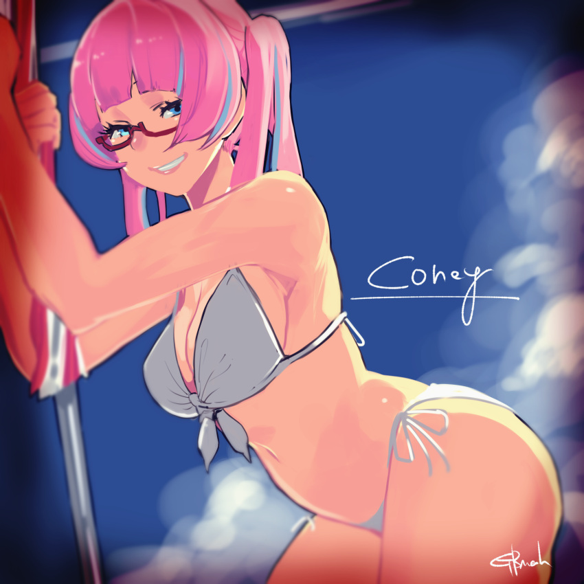 1girl bikini blue_eyes blue_hair blue_sky breasts character_name cleavage clouds gbmah glasses grin highres looking_at_viewer multicolored_hair navel parasol pink_hair red-framed_eyewear rokusaki_coney sky smile solo swimsuit tokyo_7th_sisters twintails two-tone_hair umbrella white_bikini