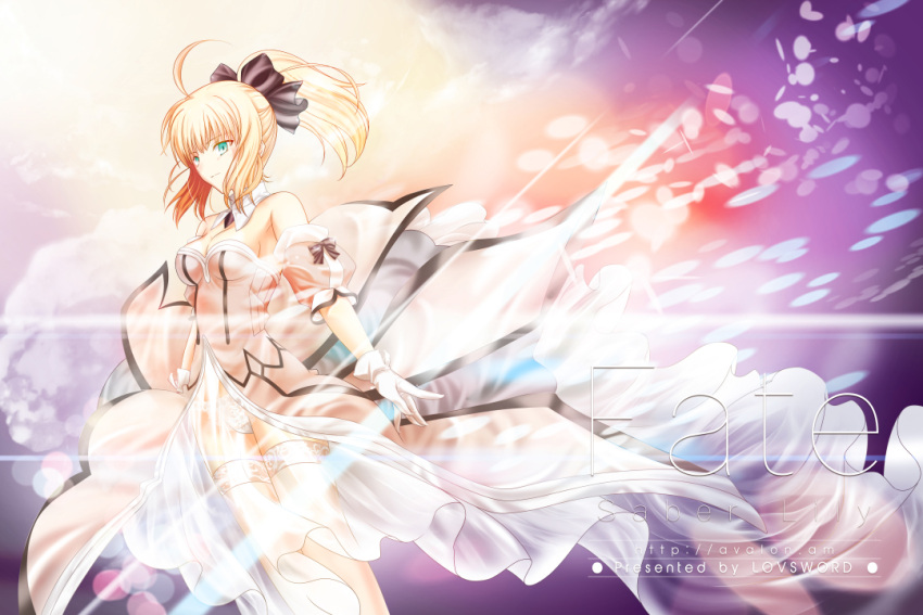 1girl ahoge artist_name blonde_hair breasts cleavage copyright_name detached_collar detached_sleeves dress english fate/stay_night fate/unlimited_codes fate_(series) gloves green_eyes lovsword ponytail saber saber_lily solo sword thigh-highs type-moon watermark weapon web_address