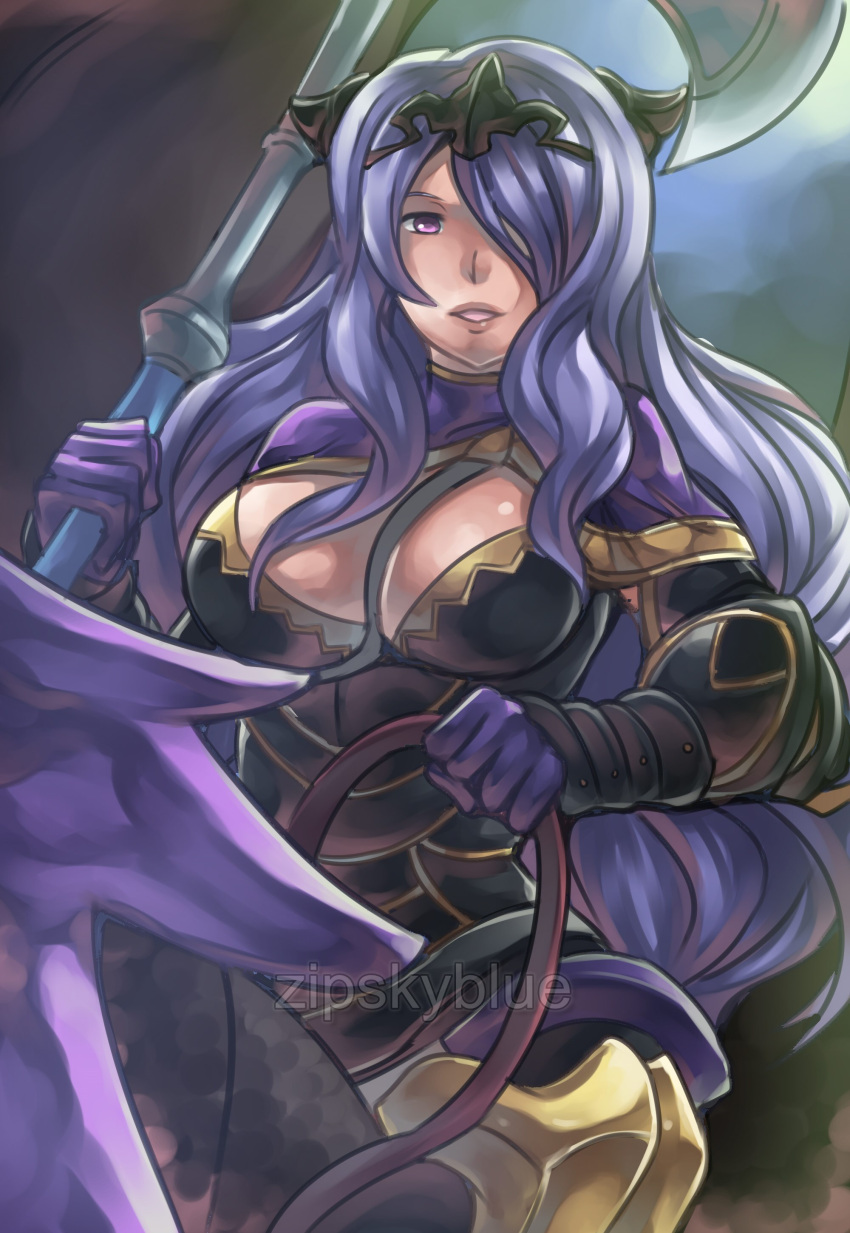 1girl absurdres armor armored_boots artist_name axe battle_axe black_armor boots breasts camilla_(fire_emblem_if) cleavage dragon dragon_rider fire_emblem fire_emblem_if hair_over_one_eye highres large_breasts lavender_hair lips long_hair marzia_(fire_emblem_if) parted_lips ryukenden sidelocks solo strap strap_cleavage teeth thigh-highs thigh_boots violet_eyes wavy_hair weapon wyvern