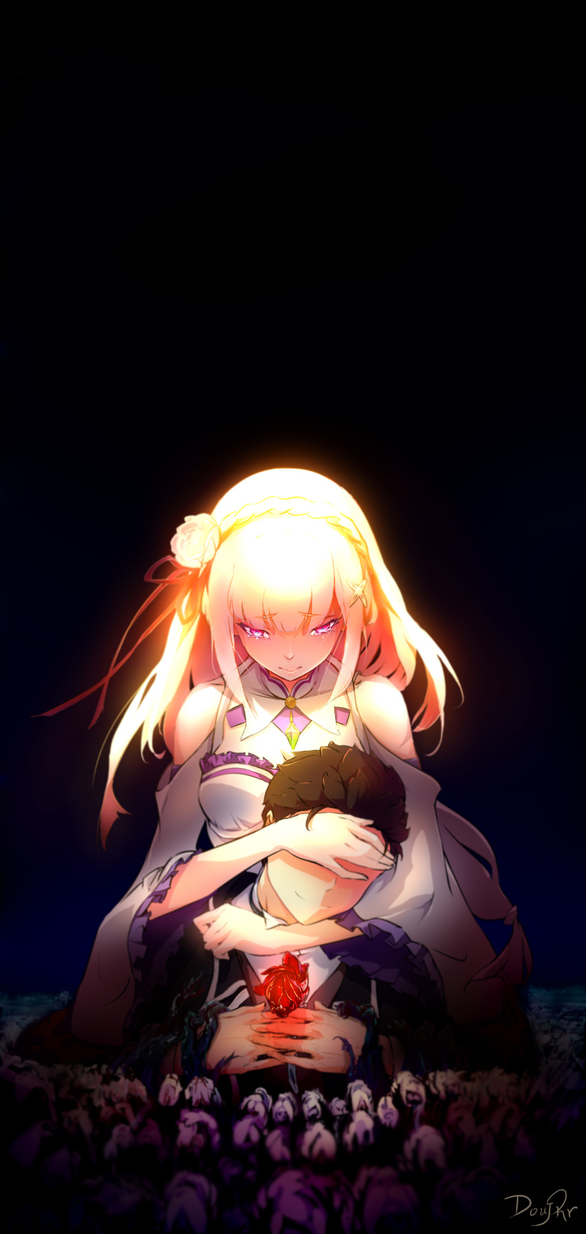 1boy 1girl absurdres arm_around_neck artist_name bangs black_background black_hair braid breasts closed_mouth collared_shirt covered_eyes covering_eyes crown_braid crying crystal doujiang_rr elf emilia_(re:zero) flower frilled_sleeves frills glowing hair_flower hair_ornament hair_ribbon hands_on_another's_head hands_on_own_chest hands_over_eyes highres holding holding_flower hug hug_from_behind long_hair looking_at_another looking_down medium_breasts natsuki_subaru own_hands_together plant pointy_ears re:zero_kara_hajimeru_isekai_seikatsu red_flower red_ribbon red_rose ribbon rose shade shirt shoulder_cutout signature silver_hair sitting smile tears vines violet_eyes white_flower white_rose white_shirt wide_sleeves withered