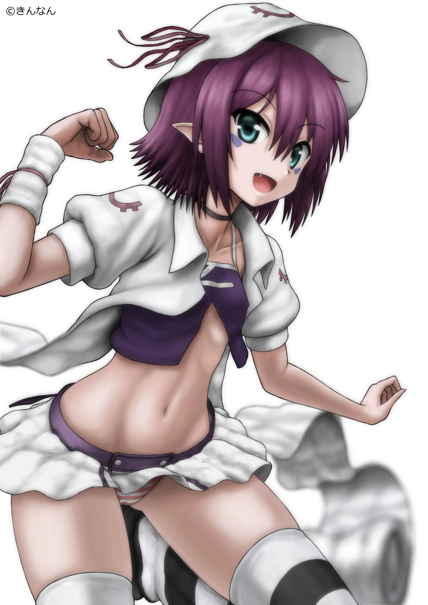 1girl :d absurdres blurry breasts choker clenched_hand coat crop_top depth_of_field facial_mark fang goat_eyes green_eyes hat hat_ribbon highres kinnan looking_at_viewer merry_nightmare midriff miniskirt navel open_mouth overcoat panties pantyshot pink_panties pointy_ears puffy_short_sleeves puffy_sleeves purple_hair ribbon short_hair short_sleeves simple_background skirt small_breasts smile solo stomach striped striped_legwear striped_panties symbol-shaped_pupils thigh-highs underwear white_background wristband yumekui_merry