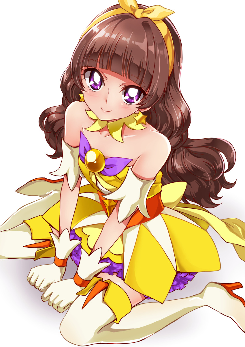 1girl absurdres amanogawa_kirara bare_shoulders brown_hair cure_twinkle cure_twinkle_(cosplay) detached_collar earrings gloves go!_princess_precure hairband highres jewelry long_hair looking_at_viewer magical_girl precure sharumon simple_background sitting smile solo star star_earrings thigh-highs twintails violet_eyes wariza white_background white_gloves white_legwear