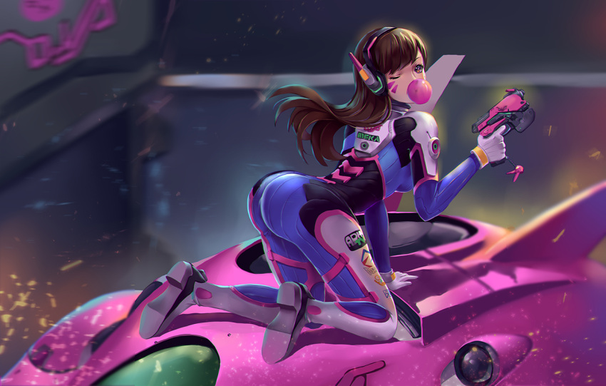 1girl all_fours arched_back ass bangs bodysuit breasts brown_eyes brown_hair bubblegum clothes_writing d.va_(overwatch) eyelashes facial_mark finger_on_trigger floating_hair gloves gum gun headphones holding holding_gun holding_weapon long_hair looking_at_viewer mecha medium_breasts meka_(overwatch) motion_blur mouth_hold one_eye_closed overwatch pilot_suit ryuu32 shadow solo swept_bangs weapon whisker_markings white_gloves