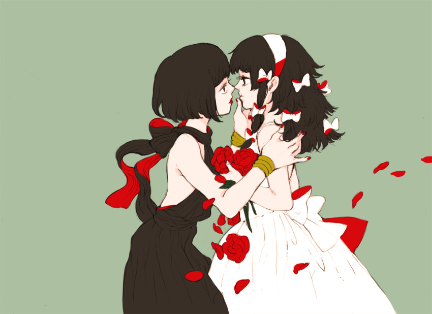 1boy 1girl alluka_zoldyck androgynous bangs bare_back black_dress black_eyes black_hair blunt_bangs bracelet brother_and_sister camellia_(flower) child cowboy_shot crossdressinging dress eye_contact eyelashes finger_to_mouth flat_color from_side green_background hair_ribbon headband hunter_x_hunter incipient_kiss jewelry kalluto_zoldyck kotakota15 lipstick looking_at_another nail_polish petals profile red_lips red_nails ribbon simple_background white_dress