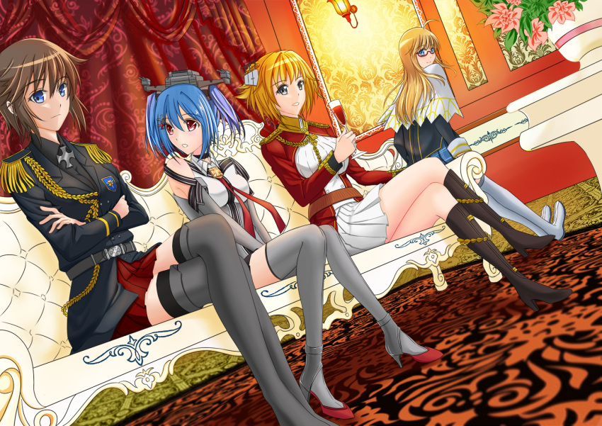 4girls 5plus aiguillette bismarck_(zhan_jian_shao_nyu) black_legwear blue_eyes blue_hair boots brown_hair couch crossed_arms cup curtains drinking_glass epaulettes flower high_heels hood_(zhan_jian_shao_nyu) iron_cross kneehighs legs_crossed long_hair looking_back multiple_girls prince_of_wales_(zhan_jian_shao_nyu) prinz_eugen_(zhan_jian_shao_nyu) red_eyes rigging short_hair skirt thigh-highs thigh_boots thighs twintails uniform v_arms wine_glass zhan_jian_shao_nyu