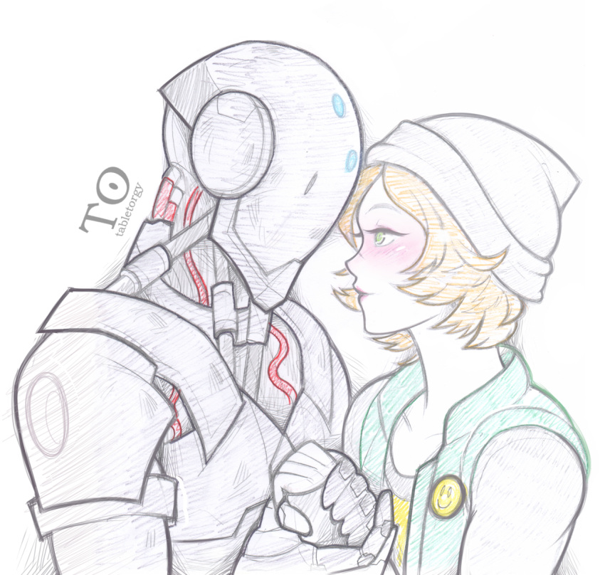 1girl antiheld beanie blonde_hair blush couple extra green_eyes hand_holding hat highres looking_at_another npc omnic overwatch pale_color robot short_hair smiley_face white_background