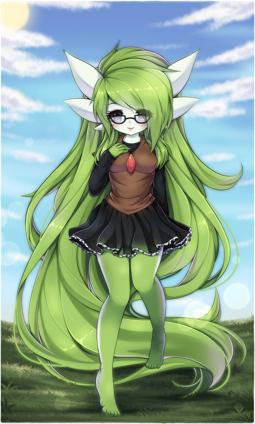 00s 1girl :d absurdly_long_hair absurdres alternate_hairstyle arm_behind_back bare_legs barefoot black-framed_eyewear black_shirt black_skirt blue_sky blush borrowed_character breasts clothed_pokemon collarbone day eyes_visible_through_hair frilled_skirt frills full_body gardevoir grass green_hair green_skin hair_over_one_eye hand_on_own_chest highres leg_up long_hair long_sleeves medium_breasts midna01 open_mouth outdoors plant pokemon pokemon_(game) pokemon_rse shirt skirt sky smile solo sparkle standing standing_on_one_leg sweater_vest toes very_long_hair violet_eyes