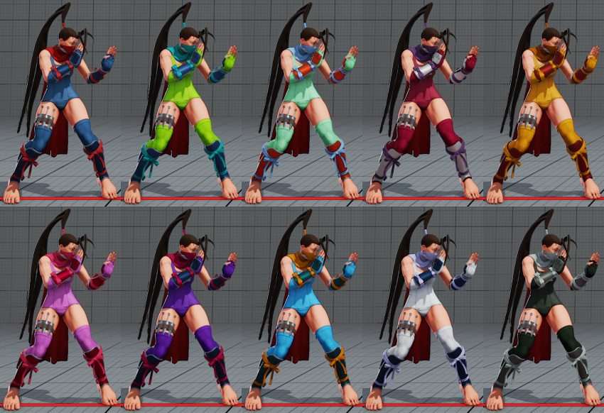 1girl 3d alternate_color alternate_costume antenna_hair arm_guards barefoot capcom fighting_stance high_ponytail ibuki_(street_fighter) kunai multiple_views one-piece_swimsuit ponytail scarf school_swimsuit shin_guards street_fighter street_fighter_v swimsuit thick_thighs thigh-highs thigh_holster toned variations