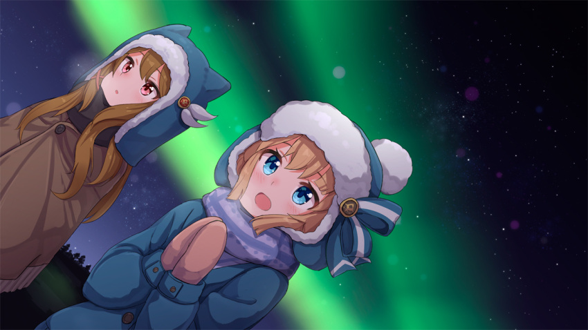 2girls :d ame. animal_ears animal_hat aurora azur_lane bangs beanie blonde_hair blue_eyes blue_headwear blue_jacket blush breath brown_hair brown_mittens character_request commentary_request dutch_angle eyebrows_visible_through_hair fake_animal_ears fringe_trim hands_together hands_up hat jacket long_hair long_sleeves mittens multiple_girls night night_sky open_mouth outdoors own_hands_together parted_lips red_eyes sky smile star_(sky) starry_sky upper_body
