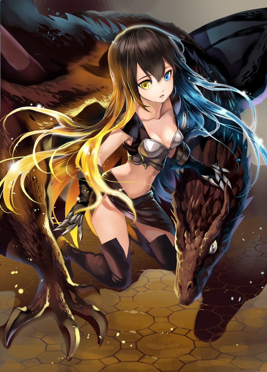 1girl absurdres armor black_boots black_skirt blonde_hair blue_eyes blue_hair boots breasts brown_hair burnt_clothes chushengdao claws cleavage collarbone dragon full_body glowing glowing_hair heterochromia high_heels highres kaku-san-sei_million_arthur kneeling multicolored_hair parted_lips shiny shiny_hair short_hair skirt thigh-highs thigh_boots yellow_eyes