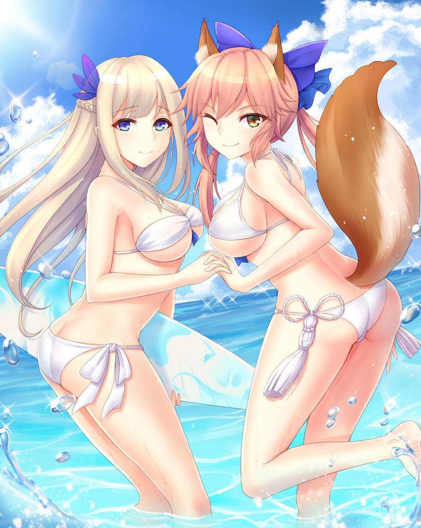 2girls ;) animal_ears ass bandeau bangs bare_shoulders barefoot bikini blonde_hair blue_bow blue_eyes blue_sky bow braid breasts carrying_under_arm cleavage closed_mouth clouds crossover day eyebrows eyebrows_visible_through_hair fate/extra fate_(series) feathers female fox_ears fox_tail from_side hair_between_eyes hair_bow hair_feathers halterneck hand_holding highres interlocked_fingers large_breasts leg_up lens_flare lexington_(warship_girls_r) long_hair looking_at_viewer multiple_girls ocean one_eye_closed outdoors pink_hair side-tie_bikini sidelocks skateboard sky smile sparkle standing string_bikini summer surfboard swimsuit tail tamamo_(fate)_(all) tamamo_no_mae_(fate) tassel under_boob very_long_hair wading warship_girls_r water_drop white_bikini yellow_eyes yuemanhuaikong