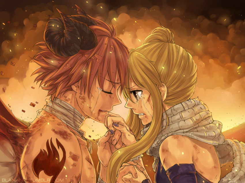 1boy 1girl artist_name bandage blonde_hair blood blood_on_face clenched_teeth closed_eyes crying crying_with_eyes_open cuts demon_horns demon_wings embers fairy_tail from_side grace_tran hand_holding highres horns injury looking_at_another lucy_heartfilia nail_polish natsu_dragneel orange_hair parted_lips profile purple_nails scarf short_hair smoke tattoo tears teeth upper_body watermark web_address white_scarf wings yellow_eyes
