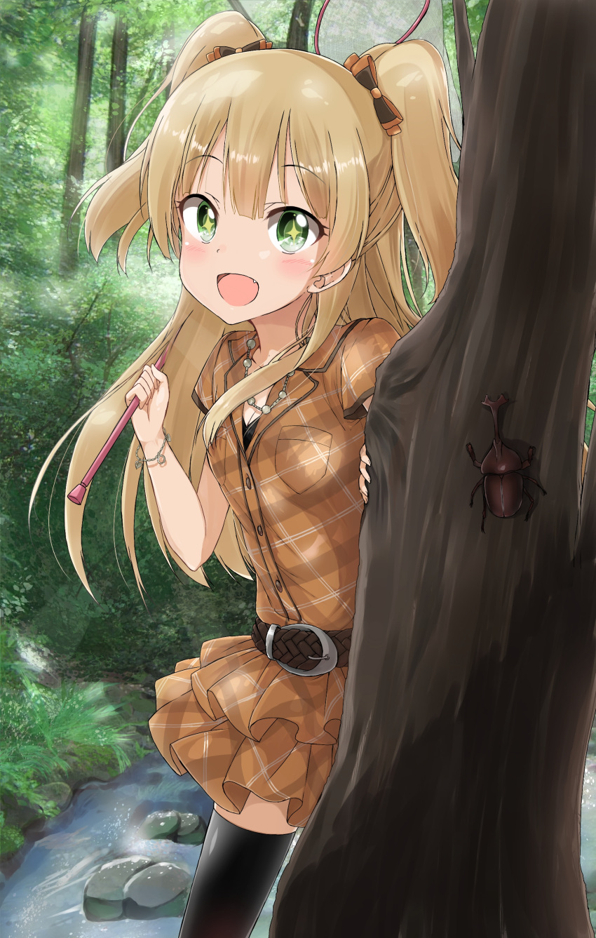 +_+ 1girl absurdres beetle black_legwear blonde_hair blush bracelet butterfly_net dress fang forest grass green_eyes hair_ribbon hand_net highres idolmaster idolmaster_cinderella_girls jewelry jougasaki_rika long_hair looking_at_viewer nature necklace open_mouth outdoors pentagon_(railgun_ky1206) ribbon rock short_sleeves smile solo symbol-shaped_pupils thigh-highs tree twintails two_side_up water