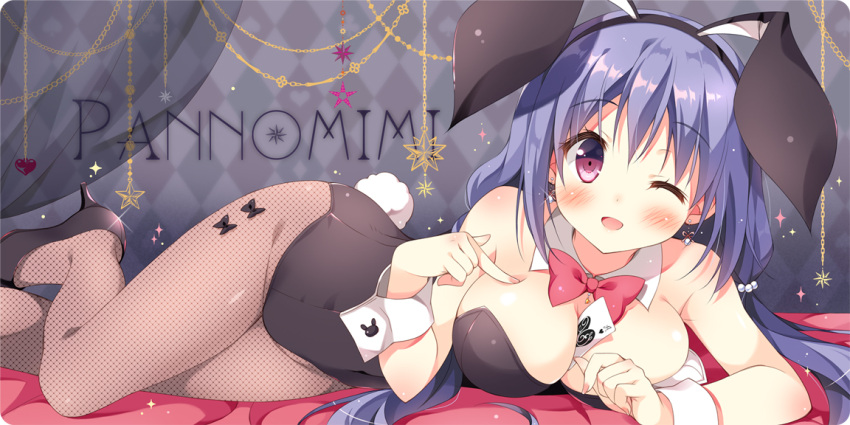 1girl ;d animal_ears artist_name bangs bare_shoulders beads between_breasts black_bow black_leotard black_shoes blush bow bowtie breast_press breasts bunny_girl bunny_print bunny_tail bunnysuit card circle_name curtains detached_collar diamond_(shape) earrings eyebrows eyebrows_visible_through_hair eyelashes fake_animal_ears fishnet_pantyhose fishnets glint hair_beads hair_ornament hairband heart high_heels jewelry large_breasts lens_flare leotard long_hair low_twintails lying nail_polish on_side one_eye_closed open_mouth original pan_(mimi) pantyhose pendant playing_card pointing pointing_at_self poking purple_hair rabbit_ears red_nails shoes smile solo star strapless strapless_leotard tail twintails violet_eyes wrist_cuffs