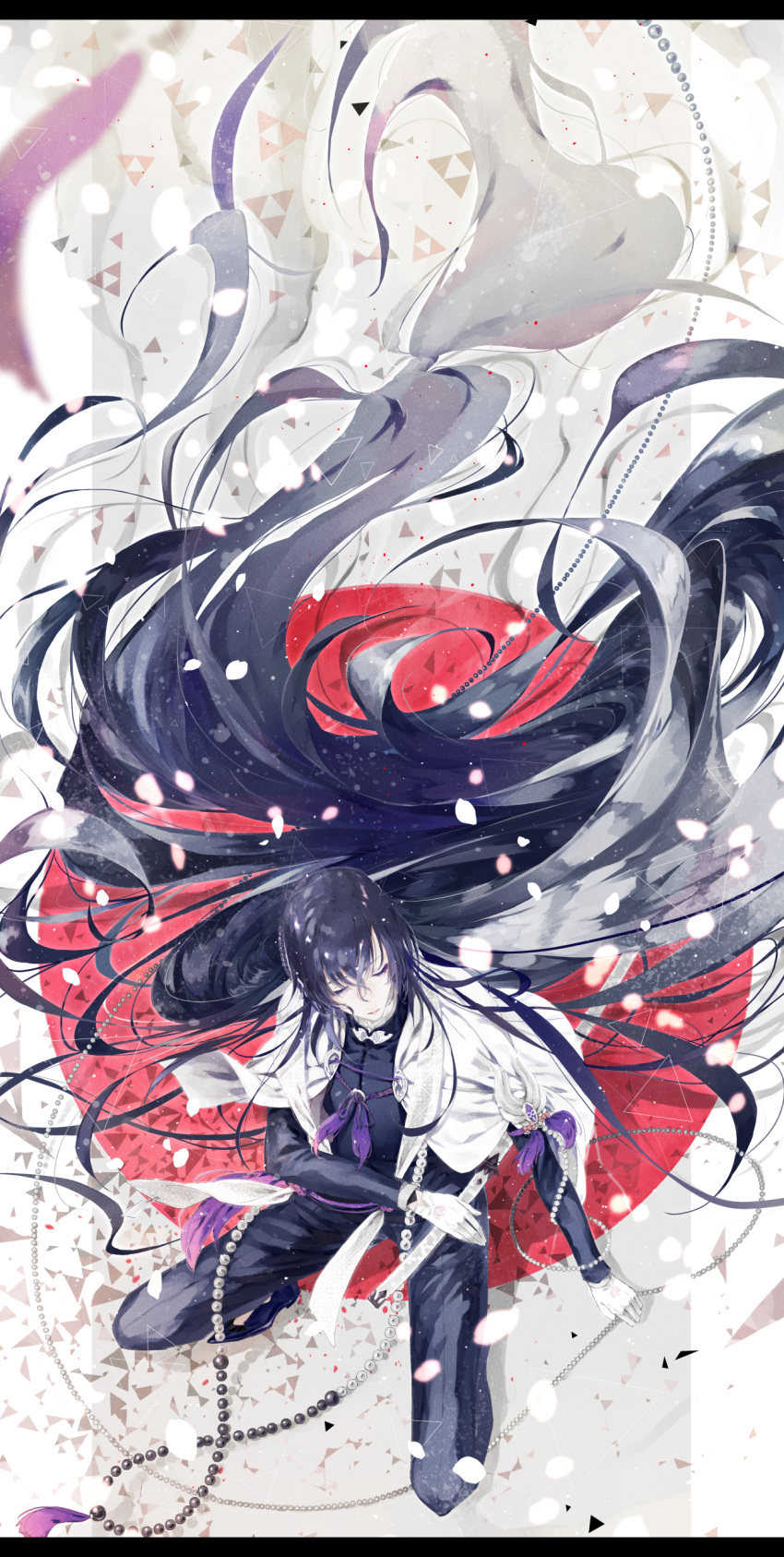 1boy absurdly_long_hair absurdres aviquaimots beads black_hair closed_eyes from_above full_body gloves gradient_hair highres juzumaru_tsunetsugu katana letterboxed long_hair low-tied_long_hair male_focus multicolored_hair parted_lips personification petals solo squatting sword tied_hair touken_ranbu very_long_hair weapon white_gloves