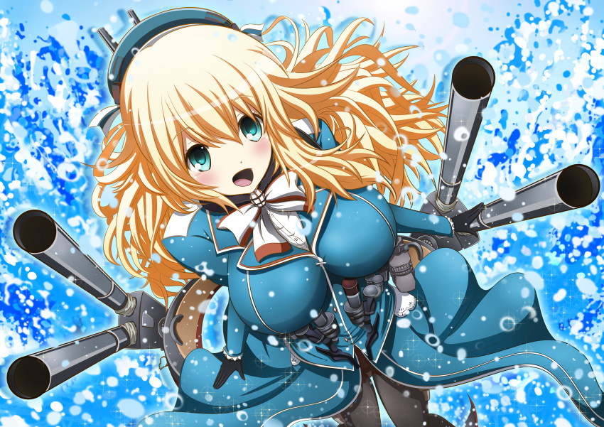 1girl absurdres ascot atago_(kantai_collection) beret black_gloves black_legwear blonde_hair blue_eyes breasts bubble cannon female from_above gloves hat highres jacket kantai_collection konsu_(konsu1182da) large_breasts long_hair looking_up machinery military military_uniform pantyhose skirt smile solo turret uniform water