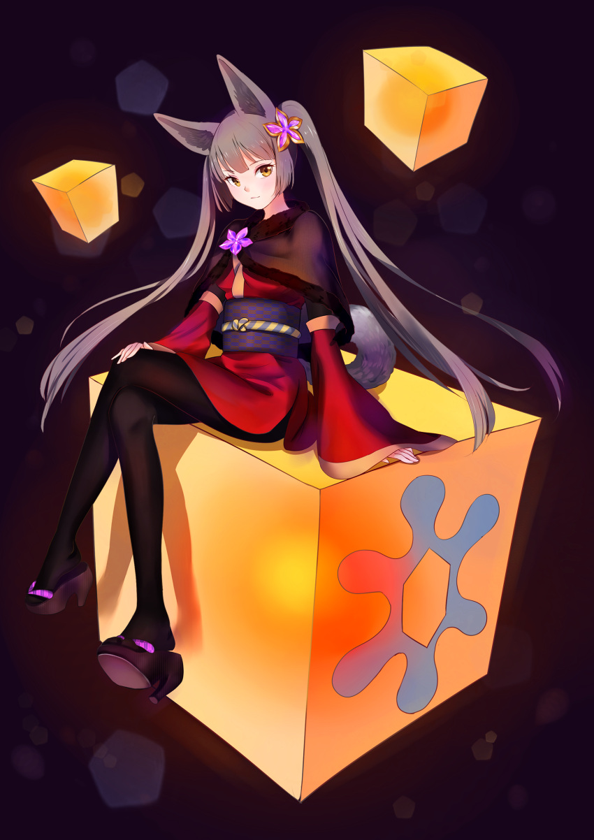 1girl absurdres animal_ears black_legwear blush breasts capelet closed_mouth cube detached_sleeves fox_ears fox_tail full_body grey_hair head_tilt highres legs_crossed looking_at_viewer obi pantyhose pixiv_fantasia pixiv_fantasia_t platform_clogs platform_footwear sandals sash sitting sleeves_past_wrists solo tail twintails wide_sleeves yellow_eyes zhaitengjingcang