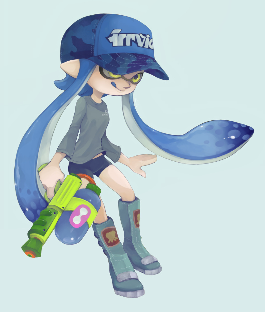 1girl :d absurdres artist_request baseball_cap bike_shorts blue_hair boots cap domino_mask hat highres inkling long_hair mask open_mouth smile solo splatoon squidbeak_splatoon tentacle_hair tongue tongue_out yellow_eyes