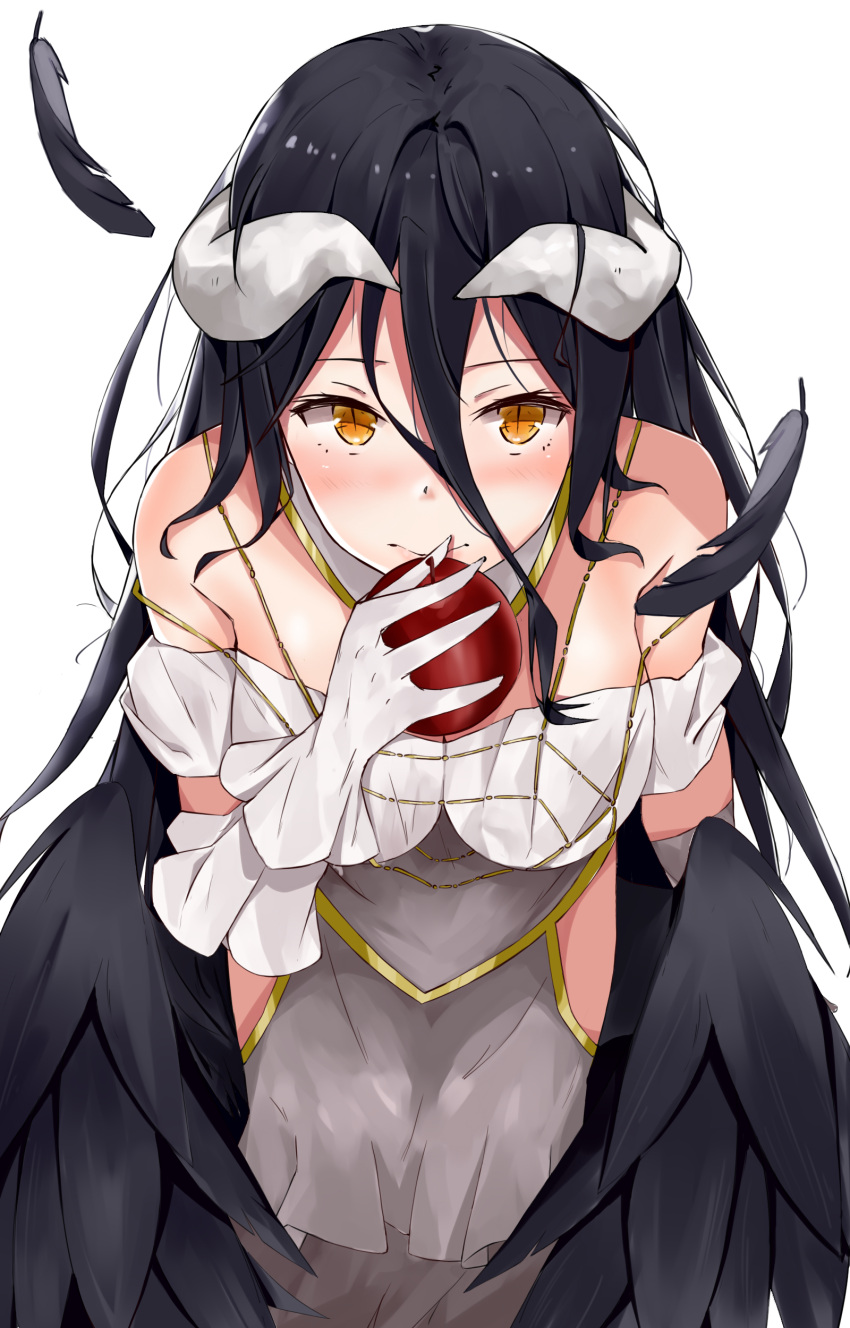 1girl absurdres albedo apple bare_shoulders black_hair black_wings breasts demon_girl demon_horns demon_wings dress food fruit gloves hair_between_eyes highres horns large_breasts large_wings long_hair looking_at_viewer overlord_(maruyama) short_sleeves smile solo thigh-highs viewran white_dress white_gloves wings yellow_eyes