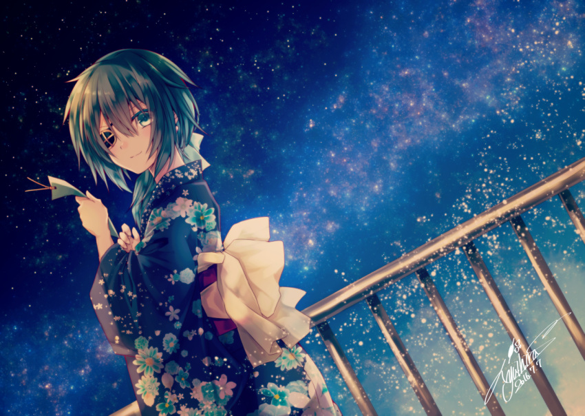 1girl 2016 alternate_costume alternate_hair_length alternate_hairstyle bangs blue_kimono closed_mouth colored_eyelashes cowboy_shot dated dutch_angle eyepatch floral_print from_side green_eyes green_hair hair_between_eyes hair_over_shoulder hair_ribbon holding japanese_clothes kantai_collection kimono kiso_(kantai_collection) light_particles long_hair long_sleeves looking_at_viewer low_ponytail night night_sky obi outdoors paper railing ribbon sash signature sky smile solo star_(sky) starry_sky tanabata tanzaku wide_sleeves yuihira_asu