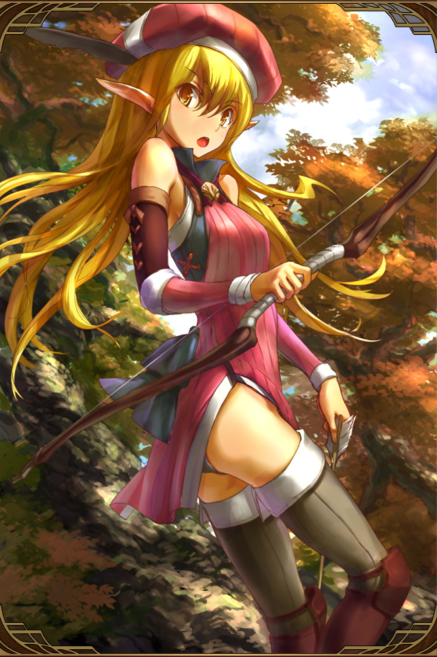 1girl arrow artist_request beret blonde_hair boots bow_(weapon) clouds detached_sleeves dress elf grand_sphere hat highres knee_pads leaf long_hair open_mouth panties pantyshot pointy_ears short_dress solo thigh-highs thigh_boots tree underwear weapon yellow_eyes zettai_ryouiki