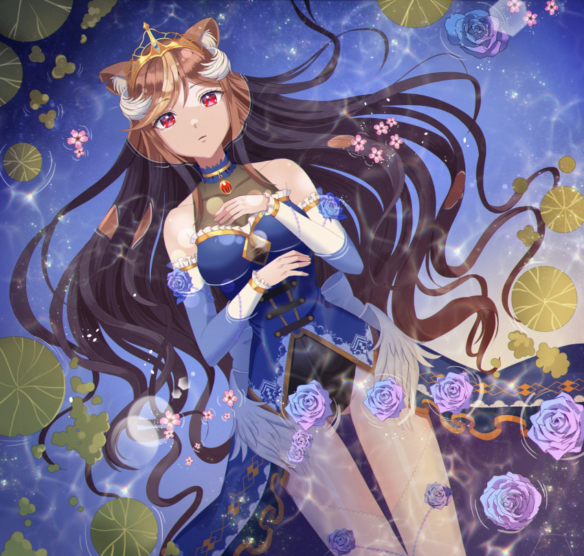 1girl animal_ear_fluff animal_ears black_leotard blue_dress brown_hair detached_sleeves dress english_commentary eyebrows_visible_through_hair flower hazumi_aileen hc_(razel1) highres indie_virtual_youtuber leotard lily_pad lion_ears lion_girl long_hair low_wings parted_lips partially_submerged pink_flower purple_flower purple_rose red_eyes rose second-party_source solo tiara very_long_hair virtual_youtuber water wings