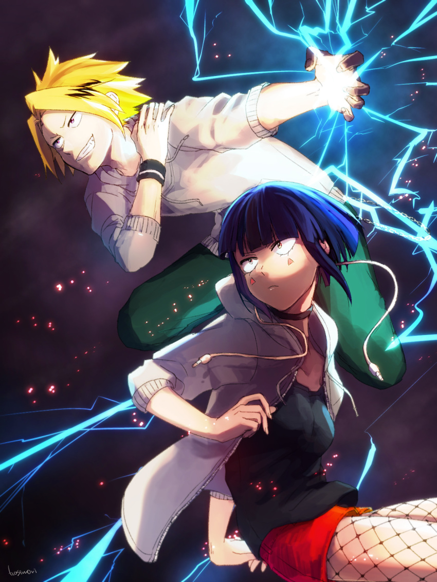 1boy 1girl artist_name black_hair blonde_hair boku_no_hero_academia earlobes electricity facial_mark fishnet_legwear fishnets grin highres hood hoodie hoshimori jirou_kyouka kaminari_denki multicolored_hair smile spiky_hair streaked_hair