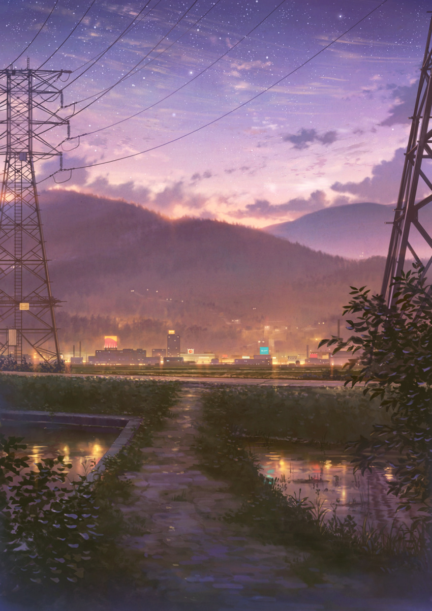 building city city_lights cityscape clouds cola_(gotouryouta) dusk evening grass highres mountain no_humans original outdoors path plant pond power_lines purple_sky reflection road scenery shore sky star_(sky) starry_sky sunset tree water