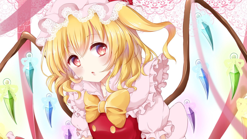 1girl arms_at_sides blonde_hair bow crystal flandre_scarlet frilled_sleeves frills hair_bow hair_ribbon hat hat_ribbon highres looking_at_viewer mob_cap multicolored_background mumu-crown neck_ribbon open_mouth puffy_short_sleeves puffy_sleeves red_eyes red_vest ribbon short_sleeves side_ponytail touhou upper_body wings yellow_ribbon