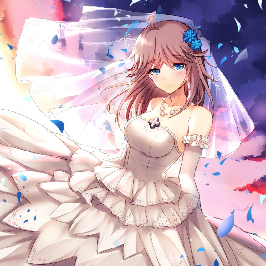 1girl ahoge bare_shoulders bison_cangshu blue_eyes blush breasts bridal_veil bride collarbone commentary_request cowboy_shot cross dress elbow_gloves filigree flower frilled_gloves frills gloves highres jewelry long_hair looking_at_viewer medium_breasts necklace petals pink_hair smile solo strapless strapless_dress sunrise tirpitz_(zhan_jian_shao_nyu) upper_body veil wedding_dress white_dress white_gloves zhan_jian_shao_nyu