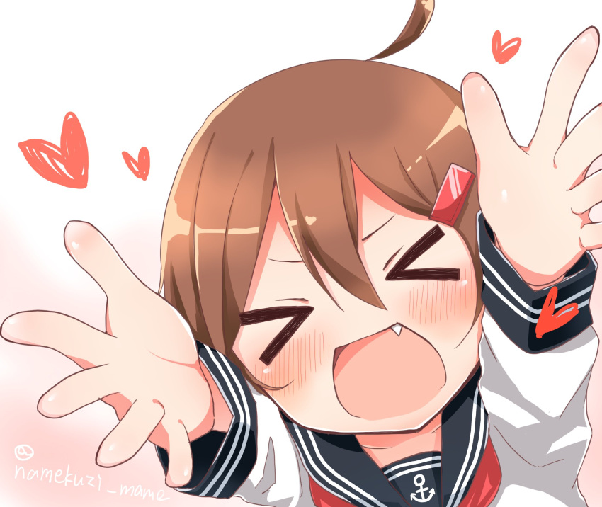 &gt;_&lt; 1girl anchor_symbol blush brown_hair closed_eyes commentary_request fang hair_ornament hairclip heart highres ikazuchi_(kantai_collection) incoming_hug kantai_collection long_sleeves namekuji_(namekuzu) open_mouth outstretched_arms school_uniform serafuku short_hair simple_background twitter_username