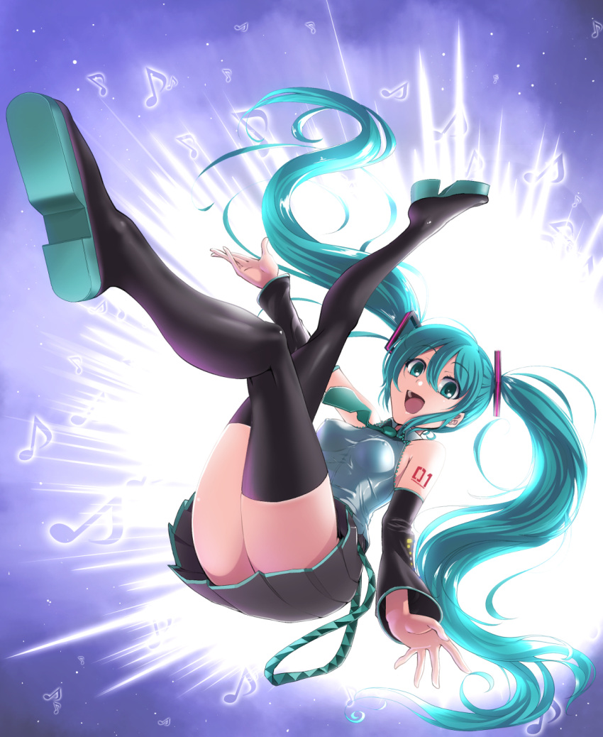 1girl aqua_eyes aqua_hair black_boots black_legwear boots detached_sleeves feccso full_body hatsune_miku highres legs long_hair long_legs looking_at_viewer musical_note necktie open_mouth skirt solo thigh-highs thigh_boots thighs twintails very_long_hair vocaloid