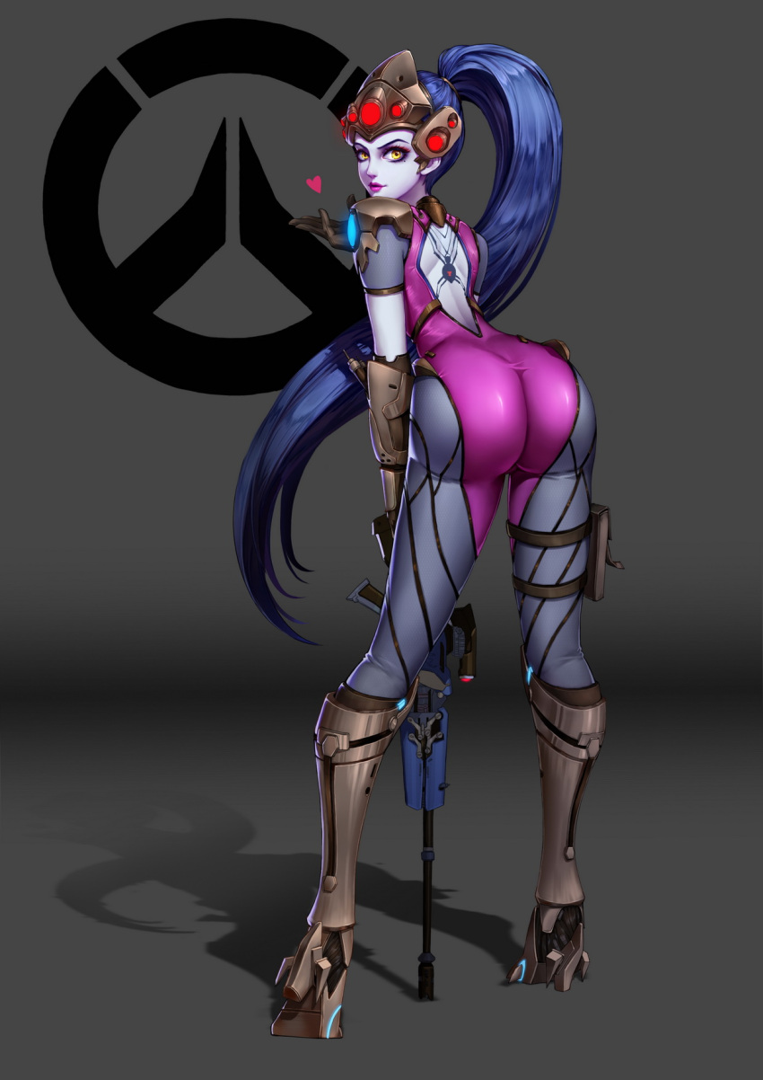 1girl artist_request ass back black_gloves blown_kiss blue_hair bodysuit boots breasts closed_eyes fishnets from_behind full_body gauntlets gloves glowing gradient grey_background gun head_mounted_display heart highres holding holding_gun holding_weapon leaning_forward legs_apart lips long_hair looking_at_viewer looking_back overwatch parted_lips pauldrons ponytail purple_lips purple_skin qi_kou rifle shadow sniper_rifle solo spider_print standing taut_clothes very_long_hair visor weapon widowmaker_(overwatch) yellow_eyes