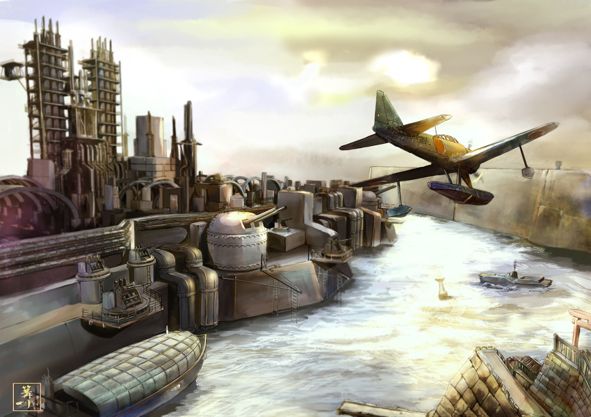 aa_gun aircraft airplane cannon clouds commentary dock factory flying fortress harbor highres kantai_collection kobaman_annwn nakajima_a6m2-n no_humans ocean scenery seaplane ship signature sky sunrise torii turret wall water watercraft