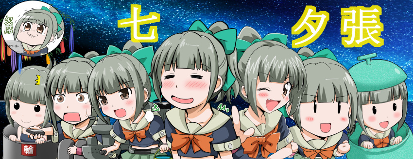 1girl absurdres bangs bkub_(style) blunt_bangs bow brown_eyes chibi clenched_hands closed_eyes commentary_request computer controller drum_(container) folded_ponytail food fruit green_hair hair_bow highres index_finger_raised kantai_collection laptop melon multiple_persona neckerchief one_eye_closed open_mouth parody pleated_skirt pursed_lips remote_control rigging sailor_collar sailor_shirt school_uniform serafuku shirt skirt smile spaghetti_strap star_(sky) style_parody surprised sweatdrop tank_top translation_request trembling upper_body yano_toshinori yuubari_(kantai_collection)