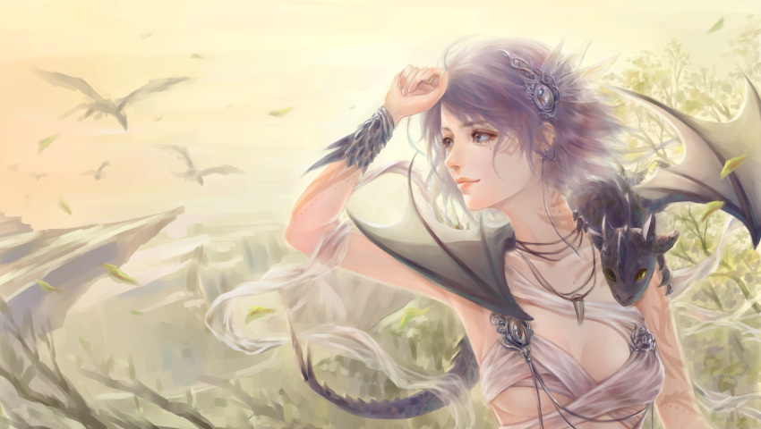 1girl bracelet collarbone dragon fang flying highres jewelry lavender lavender_hair looking_to_the_side necklace peiyu_zhou short_hair smile solo wind wings
