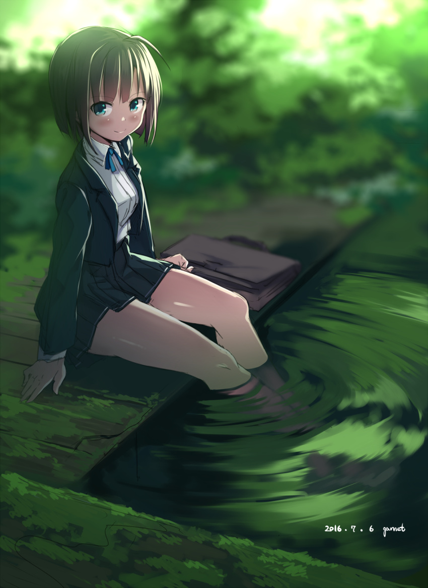 1girl 2016 ahoge arms_at_sides artist_name backlighting bare_legs black_jacket black_skirt blazer blue_ribbon blurry blush brown_hair closed_mouth collared_shirt dated depth_of_field garnet green_eyes highres jacket looking_at_viewer moss open_blazer open_clothes open_jacket original outdoors plant pleated_skirt pond ribbon school_briefcase shirt short_hair sketch skirt smile soaking_feet solo thighs white_shirt wing_collar