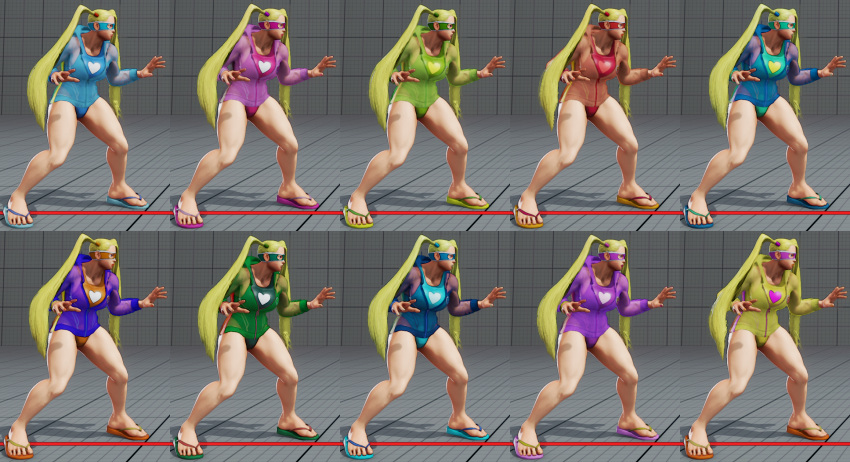 1girl 3d alternate_color alternate_costume blonde_hair capcom domino_mask fighting_stance hoodie mask one-piece_swimsuit rainbow_mika sandals see-through street_fighter street_fighter_v swimsuit swimsuit_under_clothes twintails variations