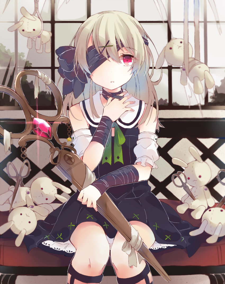 1girl bandage bandage_over_one_eye bandaged_arm bench black_dress blonde_hair detached_sleeves dress frilled_sleeves frills gem glint green_ribbon hair_between_eyes hand_on_own_chest highres kaneko_aaru knees_together_feet_apart long_hair looking_at_viewer noose original parted_lips red_eyes ribbon sailor_collar sailor_dress scissors short_sleeves sitting sleeveless sleeveless_dress solo star stuffed_animal stuffed_bunny stuffed_toy window x_hair_ornament