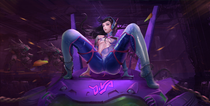 1girl arm_support bangs bodysuit boots bracer breasts brown_eyes brown_hair chained chains d.va_(overwatch) facepaint facial_mark gloves headphones highres lips long_hair medium_breasts meka_(overwatch) overwatch parted_lips pauldrons pilot_suit ribbed_bodysuit shoulder_pads single_glove skin_tight solo thigh-highs thigh_boots thigh_strap torn_bodysuit torn_clothes turtleneck whisker_markings white_boots white_gloves